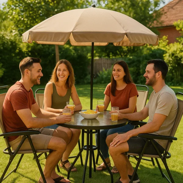 Σετ τραπεζαρίας κήπου & βεράντας μεταλλικό με ομπρέλα – ΚΑΦΕ