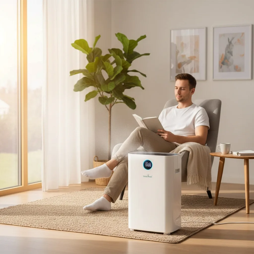 Άντρας με αφυγραντήρα στο σαλόνι