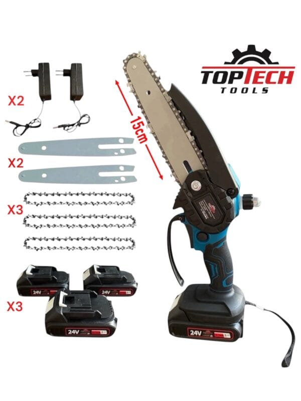 Επαναφορτιζόμενο Kλαδευτικό Αλυσοπρίονο TOPTECH Με Αυτόματη Λίπανση και 3 Μπαταρίες 24V/5AH Επαναφορτιζόμενο Kλαδευτικό Αλυσοπρίονο TOPTECH Με Αυτόματη Λίπανση και 3 Μπαταρίες 24V/5AH