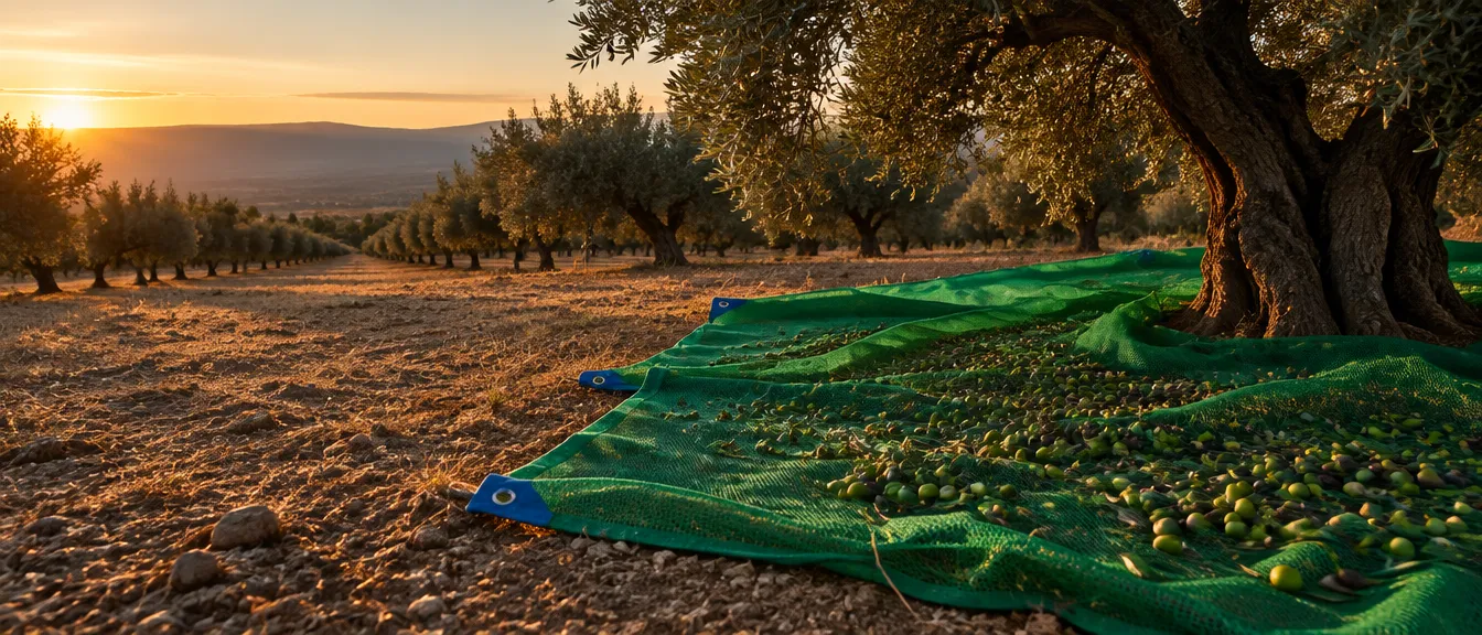 Ελαιόδιχτα 6x12 & 8x12 — Ενισχυμένα 100gr/m² σε Τιμή Προσφοράς Ελαιώνας με στρωμένα πράσινα ελαιόδιχτα και ελιές πάνω τους, στο φως του απογεύματος